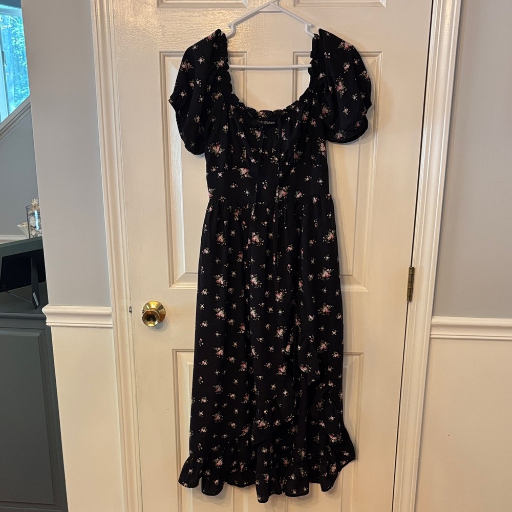 Black Floral Midi Dress with Puff Sleeves by